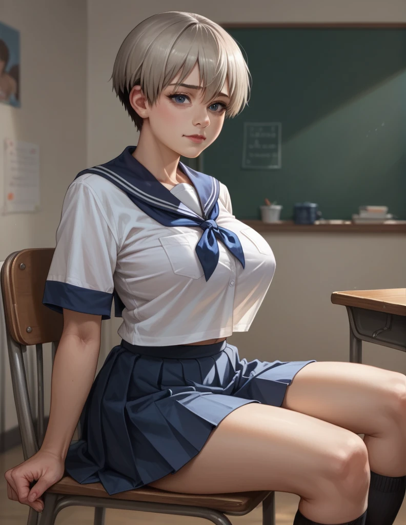 Photorealistic. 1 girl, uzaki hana, big breast, wearing school uniform, in a quiet clasroom, sit on chair