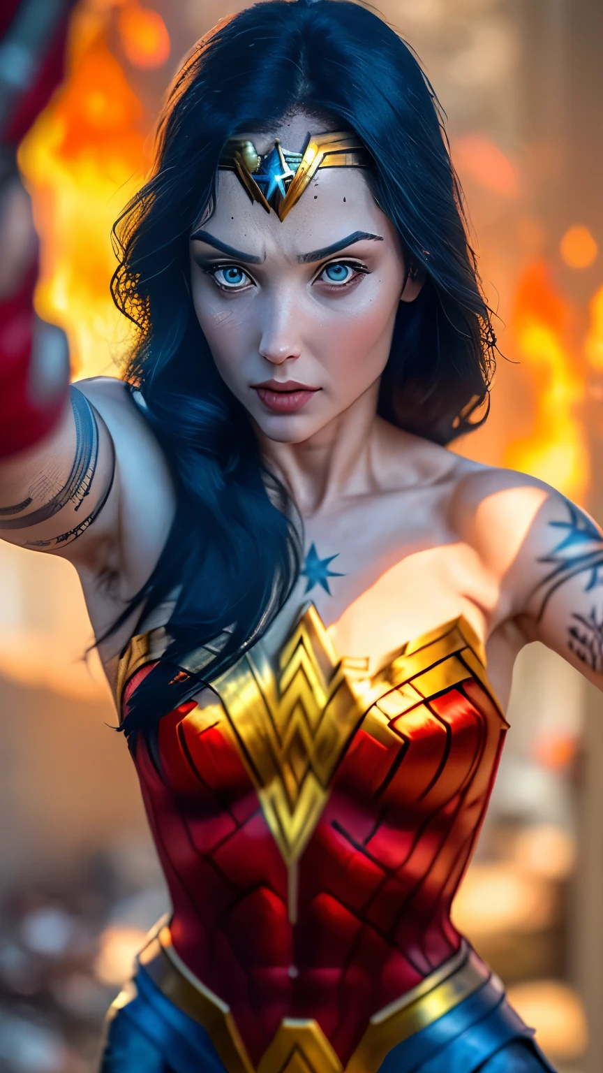 Sexy hot young girl, (( cosplay of Wonder woman in fight pose)), sexy, ((Full tattooed arm)). portrait raw photography ,hyper realistic , (((detailed face, wflame face))), intricate, realistic skin texture, Hot body, athletic body, Brazilian girl, tattooed girl, wearing a little sexy clothes. natural lighting. (((Dystopic abandoned background, fire, Flames))). Cinematic lighting.