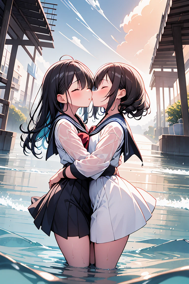 Two girls, Embrace each other, Kissing, Kiss each other, Close your eyes, Ocean, Wavy, Sailor suit, ribbon, Gothic Skirt, navy blue, Long skirt, My clothes are shining when wet, Lots of water all over the body, splash, Submersion, Lots of water, Lots of water滴, 腰までSubmersion, (drowning)