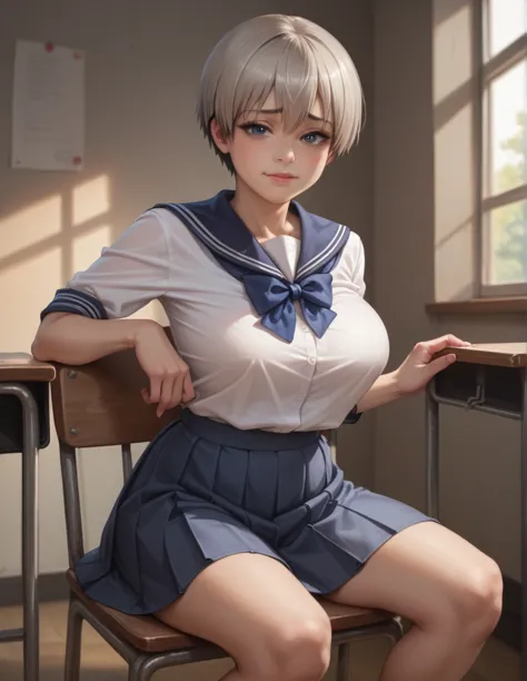 photorealistic. 1 teen girl, uzaki hana, big breast, wearing school uniform, in a quiet clasroom, sit on chair