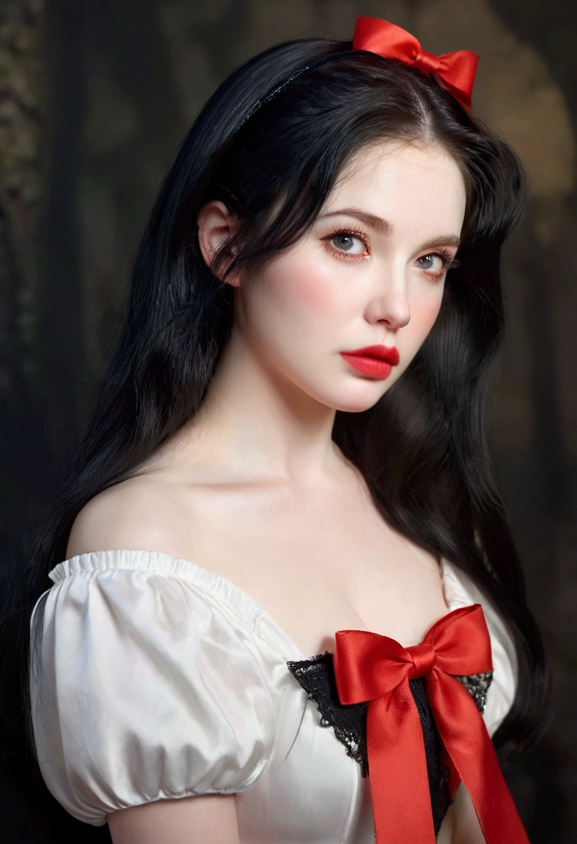 a beautiful young snow white, detailed portrait, face focus, red lips, black hair, red ribbon, pale skin, rosy cheeks, fantasy, high quality, 8k, detailed, photorealistic, glamorous, elegant, intricate, dramatic lighting, moody, cinematic, glowing skin, volumetric lighting, depth of field, realistic portrait, exquisite details, flawless