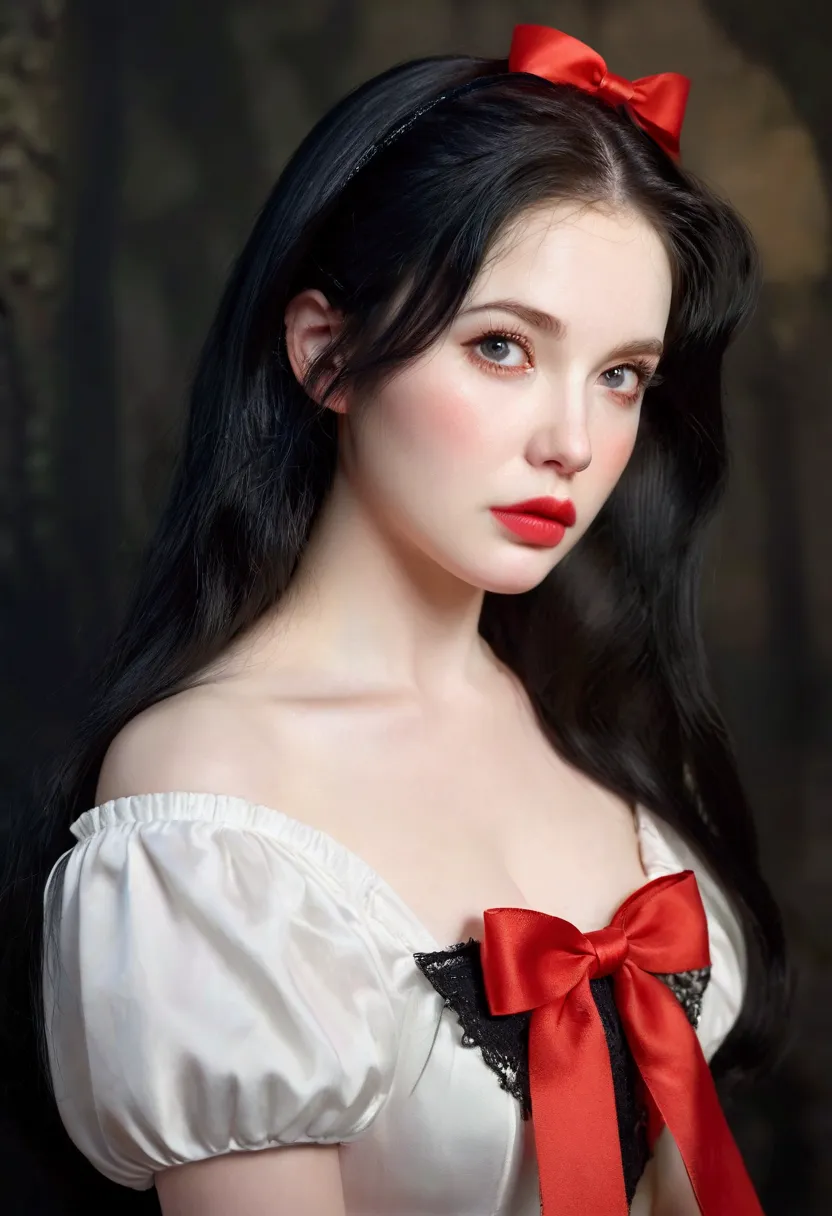 a beautiful young snow white, detailed portrait, face focus, red lips, black hair, red ribbon, pale skin, rosy cheeks, fantasy, ...