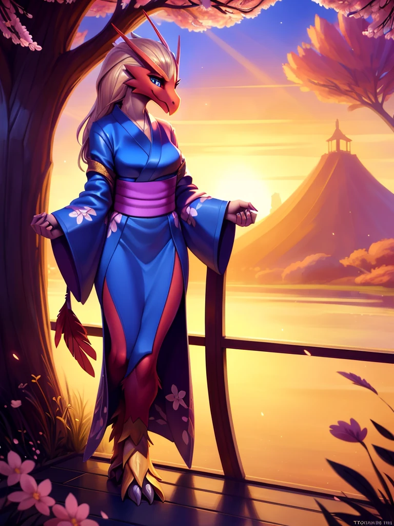 uploaded on e621, ((Blaziken)) by Pixelsketcher, by Bayard Wu, by Thomas Benjamin Kennington , by Einshelm, anthro, ((portrait)), BREAK, ((kimono:1.2)), wearing a kimono, long flowing kimono, fire design on kimono, full body kimono)), (detailed Bonifasko lighting), (detailed feathers), (detailed fur), (female Salazzle), BREAK, ((long flowing hair)), ((facing viewer)), (cinematic lighting), ((detailed background)), ((full body portrait view)), (((full body view))), (half body shadow), [backlighting], [crepuscular ray], [detailed ambient light], [gray natural lighting], [ambient light on the belly], (higher wildlife feral detail), [sharp focus], (shaded), ((masterpiece), medium breasts, furry Blaziken, bird face, furry Fantasy Art, furry Art, Commission for High Res, anthro Art, POV furry Art,Sakimichan beautiful, masterpiece, best quality, detailed image, bright colors, detailed face, perfect lighting, perfect shadows, perfect eyes, girl focus, blue eyes, flawless face, face focus, long flowing kimono, bird girl, feathers, feathers woman, large long muzzle, colorful feathers, gaze at the viewer, half-closed eyes, 1girl, full body, (masterpiece:1.21), (best quality:1.2), (illustration:1.2), (cinematic lighting:1.3), detailed fur, balanced coloring, global illumination, ray tracing, good lighting, feathers, anthro, looking at viewer, (standing outside, in garden, cherry blossoms, woman looking at viewer, woman looking at camera, fire in open hands