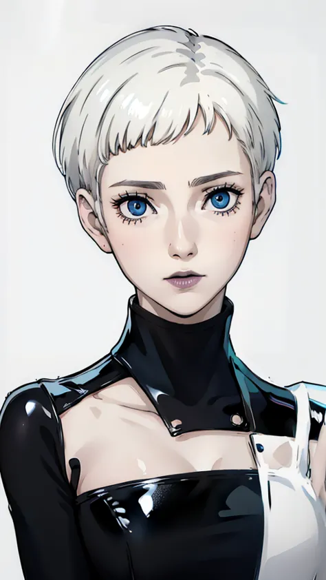 1 girl, white hair, tomboy pixie haircut, bangs, very short hair, blue eyes, black lipstick, black choker, face portrait, black ...