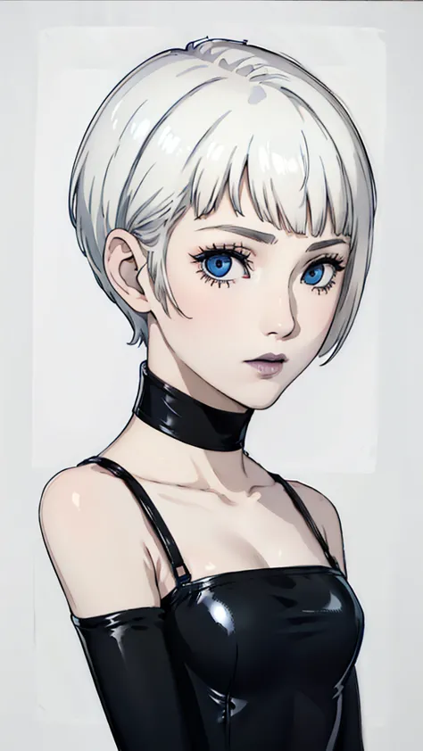 1 girl, white hair, tomboy pixie haircut, bangs, very short hair, blue eyes, black lipstick, black choker, face portrait, black ...