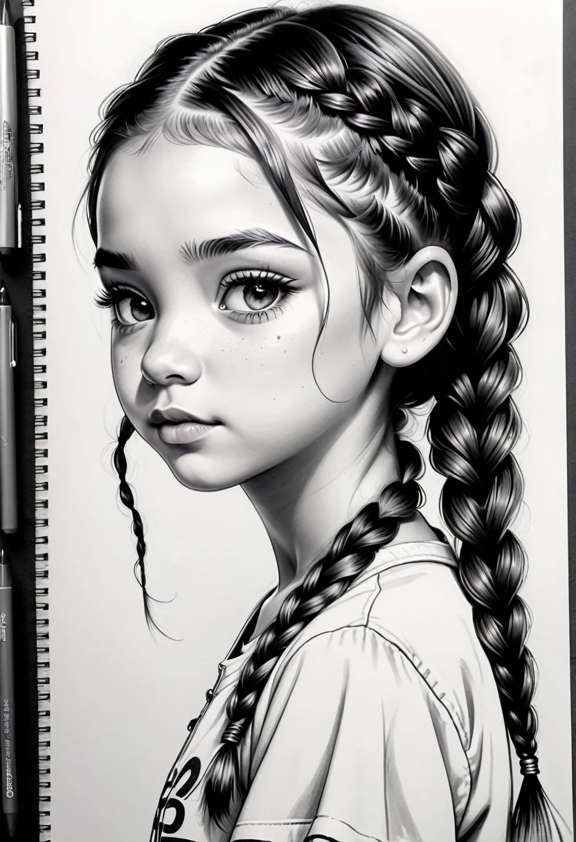 Detailed, top quality, best quality, hyper-realistic, graffiti-style sketches, lines and outlines of people, cute A youngster girl, girl with braids, long lashes, innocent expression, masterpiece