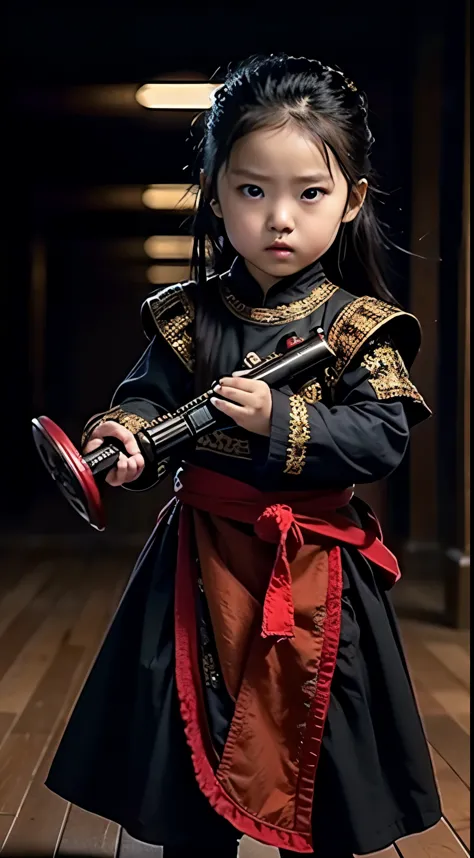 masterpiece, best quality, reality ,1 baby boy, 5 months old, holding a red tasseled gun, wearing black clothing，full body portr...