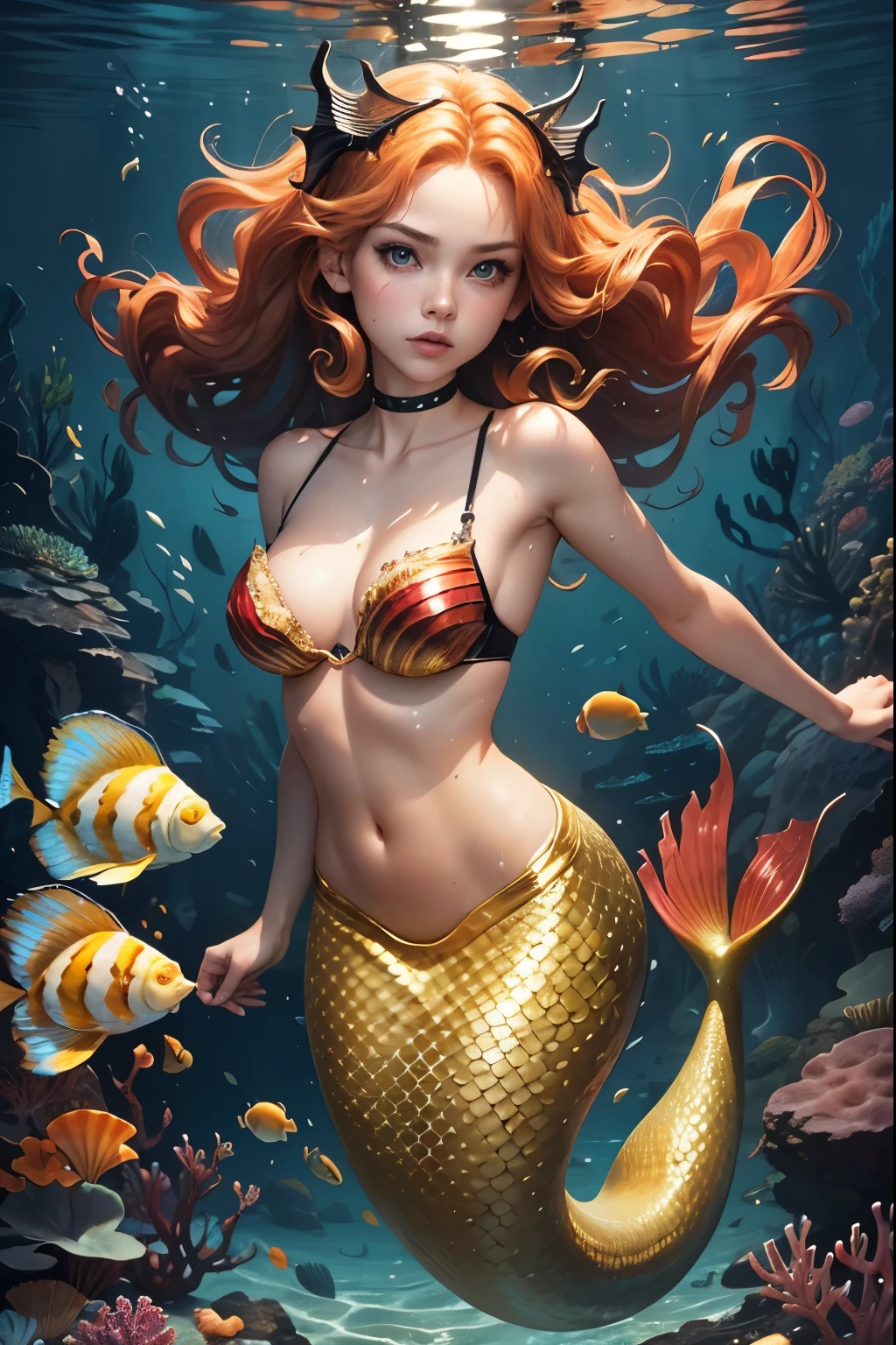 theme: Siren, Mermaid, fish mixed female, legless, swim, lighting black big eye, high quality, high resolution, masterpiece, small red shell bra, Wet, under deep sea, ((((Close Contact)))), Glittering golden hair,(shell bra:1.1), fish (Tail fin:1.2),