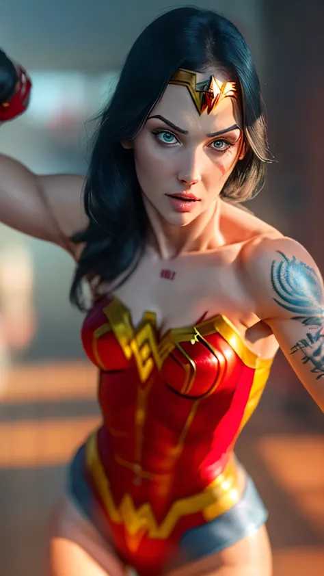 sexy hot young girl, (( cosplay of wonder woman in fight pose)), sexy, ((full tattooed arm)). portrait raw photography ,hyper re...