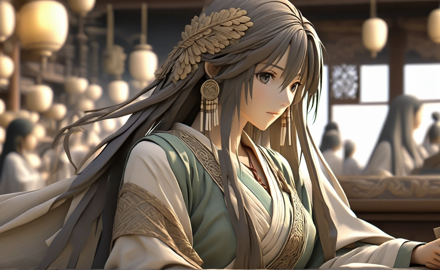 A poor womansat on a cloth store cash counter,face and eyes on right side, beautifully dressed, in ancient times, 3D, realistic anime character, extremely detailed face and eyes, long flowing hair, intricate details, photorealistic, cinematic lighting, muted color palette, dramatic shadows, high quality, masterpiece, 