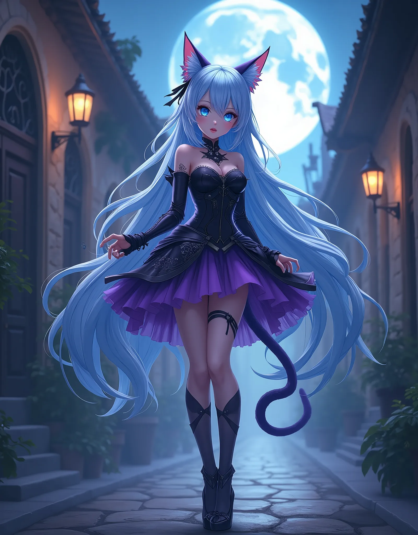 Jegesdi as a beautiful catgirl, detailed anime girl, detailed facial features, beautiful blue stars in eyes, cute cat ears, elegant cat-like pose, intricate cat-like outfit, fantasy background, moonlight in the alley, highly detailed, cinematic lighting, photorealistic, 8k, Beautiful long sky blue hair with purple lock of hair , front pic, full body, thic legs, black and purple outfit with purple tulle skirt, armour fantasy high heels.
