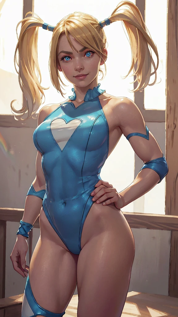 Rainbow Mica, Rainbow Mika, blond hair, blue eyes, Hair combed back, Long hair, shiny female, Twin tails, smile,
romper bare shoulders, blue leotard, clothing neckline, domino Maske, Heart neckline, Knee pads, leotard, Maske, Shoulder neckline, thick Shanks, Shanks, wrestling Maske, Wrestling-Outfit,
romper indoors,
romper looking at viewer, (Cowboy-shot:1.5),
romper (​masterpiece:1.2), best quality, High resolution, Unity 8k Wallpaper, (Illustration:0.8), (Lovely, detailled eyes:1.6), extremely detailed face, perfect lightning, extremely detailed CG, (perfect hands, perfect anatomy),