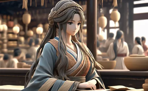 a poor womansat on a cloth store cash counter, beautifully dressed, in ancient times, 3d, realistic anime character, extremely d...