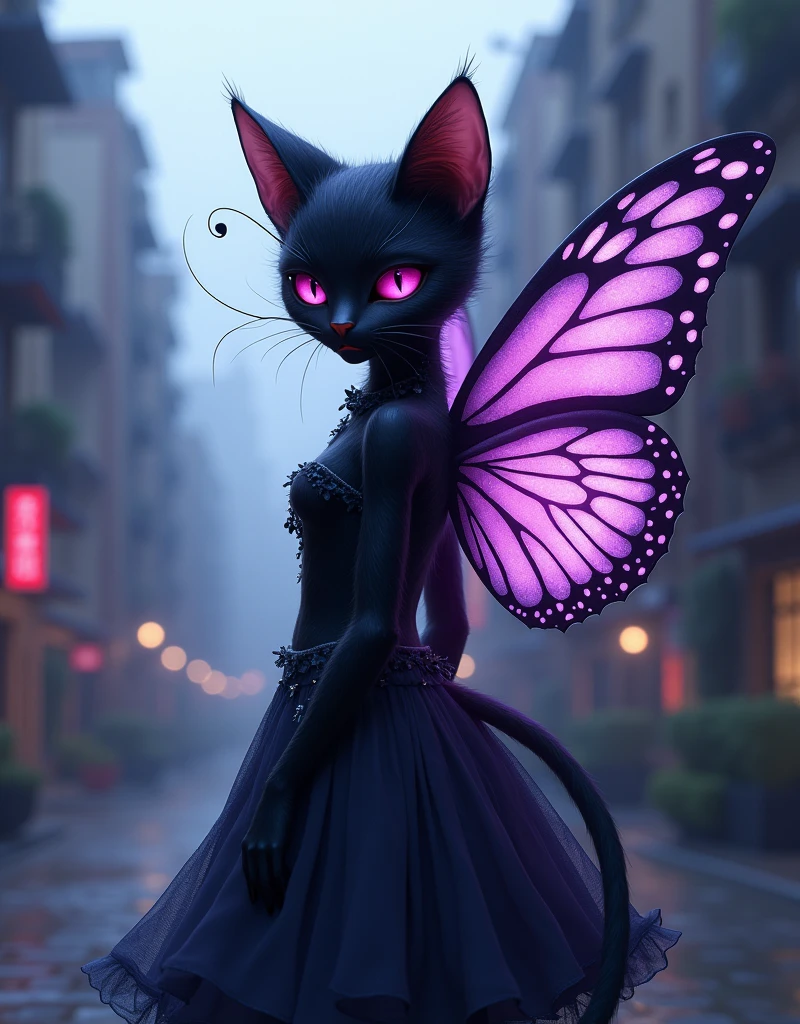 a black cat girl, butterfly wings, detailed face, intricate butterfly patterns, delicate features, shy expression, bright colors, fantasy, surreal, dreamlike, dramatic shadows, photorealistic, 8k, high quality, digital art, main color dark purple, secondary color light blue, knee skirt or tea skirt, front pics, during the day, in town,