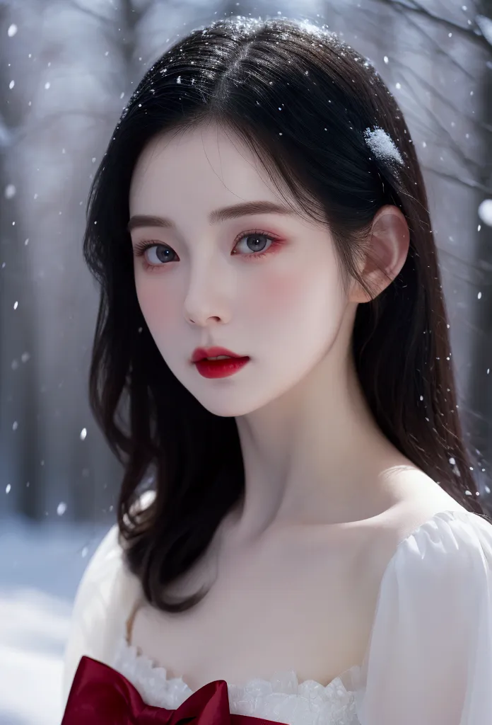 a beautiful young snow white, detailed portrait, face focus, red lips, black hair, red ribbon, pale skin, rosy cheeks, fantasy, ...