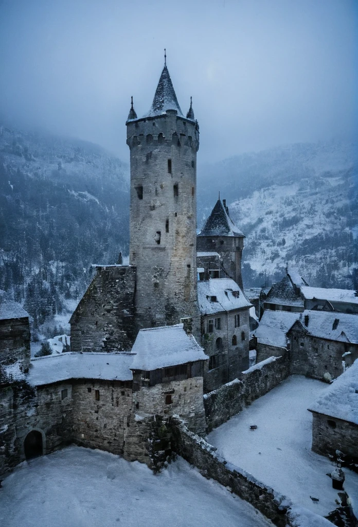 A photo of night landscape,a medieval Village castle sitting on top of a snow covered Mountain,black marble Mountain,  by Slava Raškaj,view from a Valley ,eerye athmosphere, transylvanian castle, with snow on its peak, medieval castle,haunted, Village caste,half ruined caste, half abbandoned Castle,scottish castle, Stone bridge,wooden rooftop, mist,Dracula,, eerye athmosphere,4k, realistic, analog style, film grain, 35mm,ultra