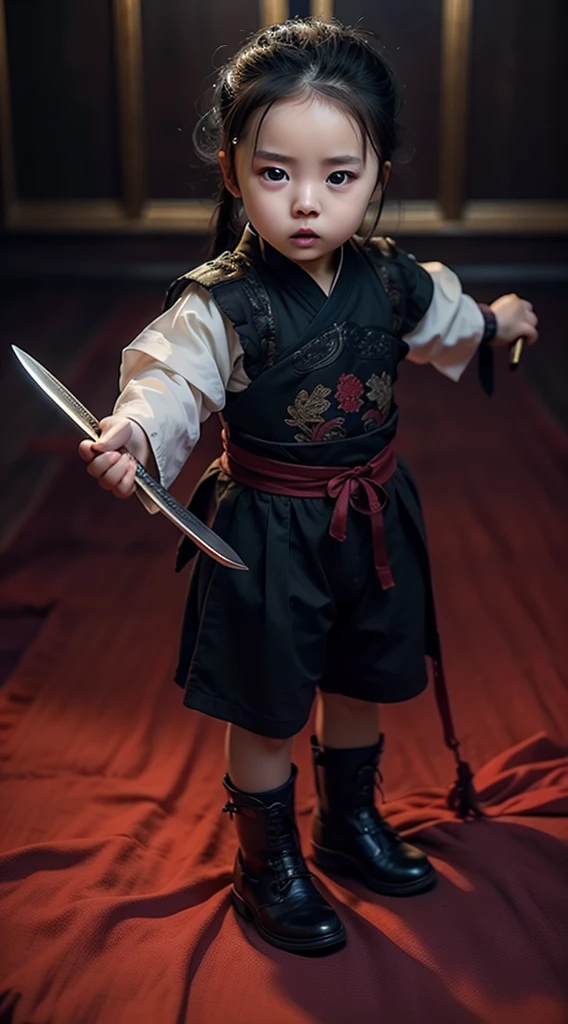 masterpiece, best quality, Reality ,1 baby boy, 5 months old, Holding a Chinese dagger, Wearing black clothing，Full body portrait，RAW photos，main body，8K  UHD，SLR，Soft lighting，high quality，Vision