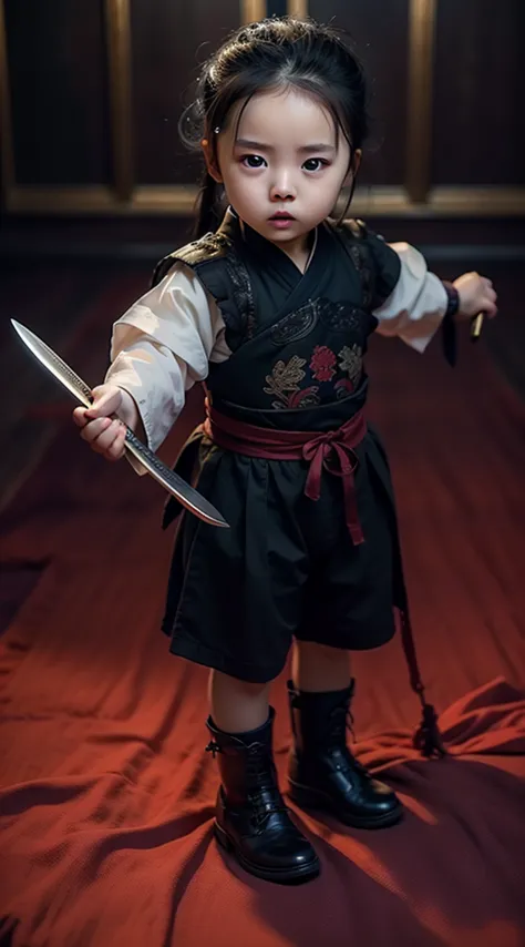 masterpiece, best quality, reality ,1 baby boy, 5 months old, holding a chinese dagger, wearing black clothing，full body portrai...