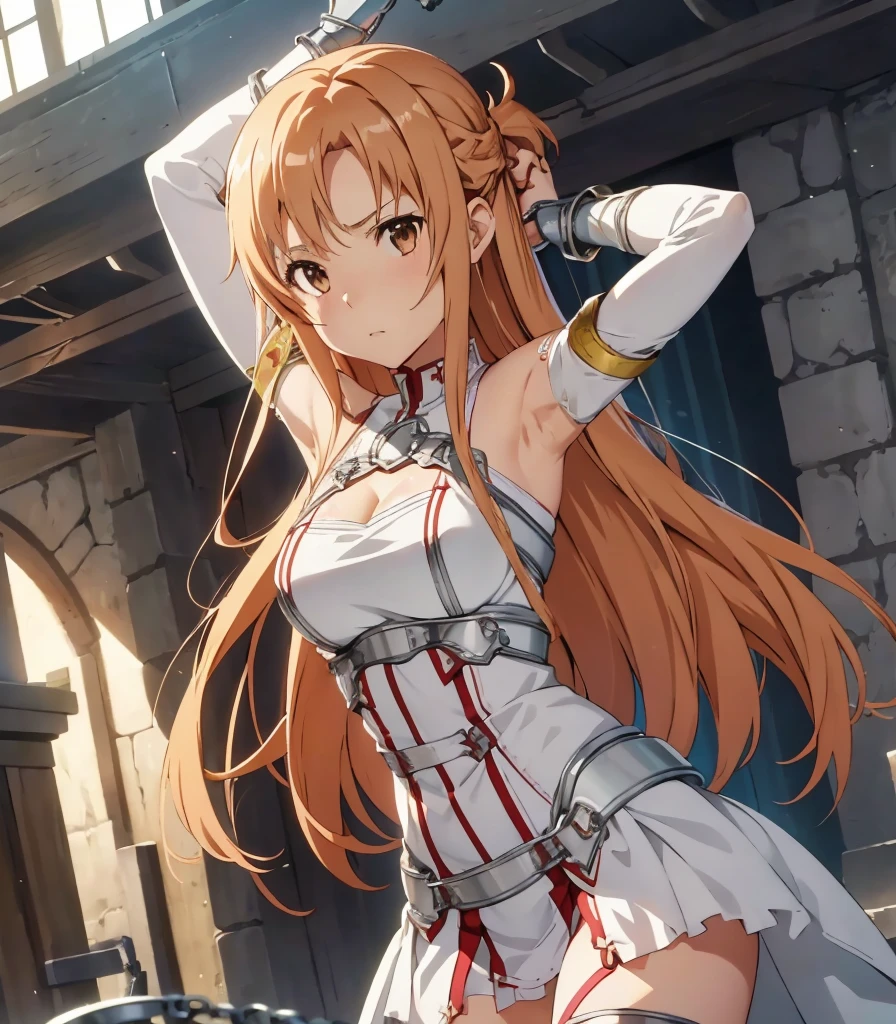 ｛{Sword Art Online)}, Asuna,One girl, masterpiece、Cleavage, Highest quality,(armor),White panties, Stretch both arms up,Showing both armpits,Armpit, BDSM, chain, chained, (shackles:1.5), slave, torture, cage, restrained