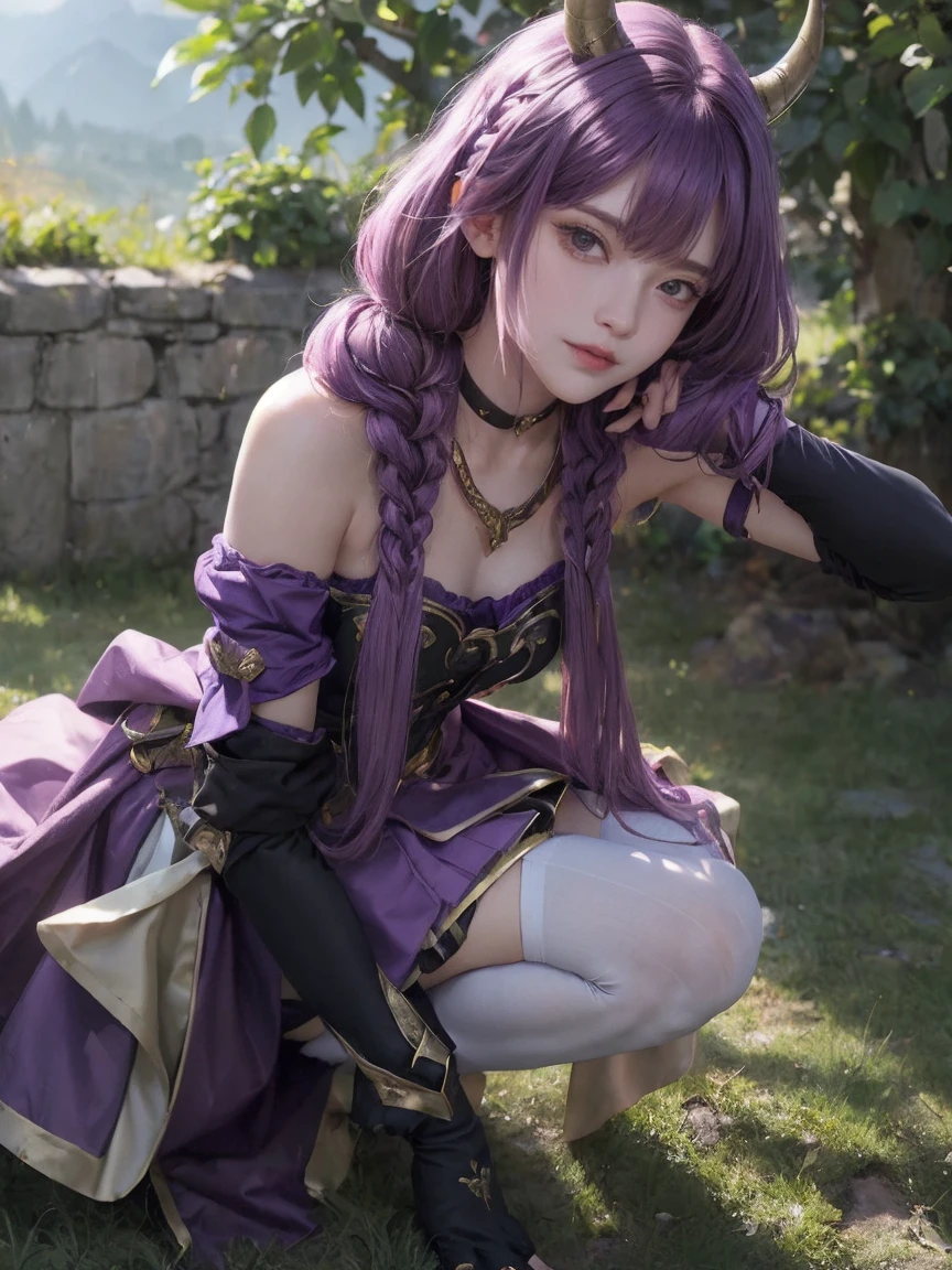 whole body, Aura the Guillotine, Aura the Guillotine, Long Hair, (Purple eyes:1.1), Purple Hair, Braiding, horn, twin Braidings, smile, skirt, Knee socks, gloves, choker, black gloves, elbow gloves, Magical girl, Outdoor, View your viewers, (masterpiece:1.2), Highest quality, High resolution, unity 8k wallpaper, (figure:0.8), (Beautiful attention to detail:1.6), Highly detailed face, Perfect lighting, Highly detailed CG, (Perfect hands, Perfect Anatomy),