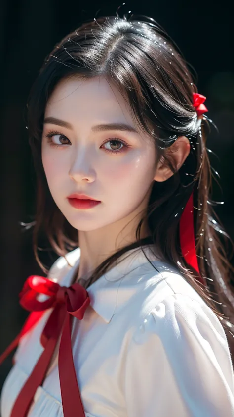 a beautiful young snow white, detailed portrait, face focus, red lips, black hair, red ribbon, pale skin, rosy cheeks, fantasy, ...