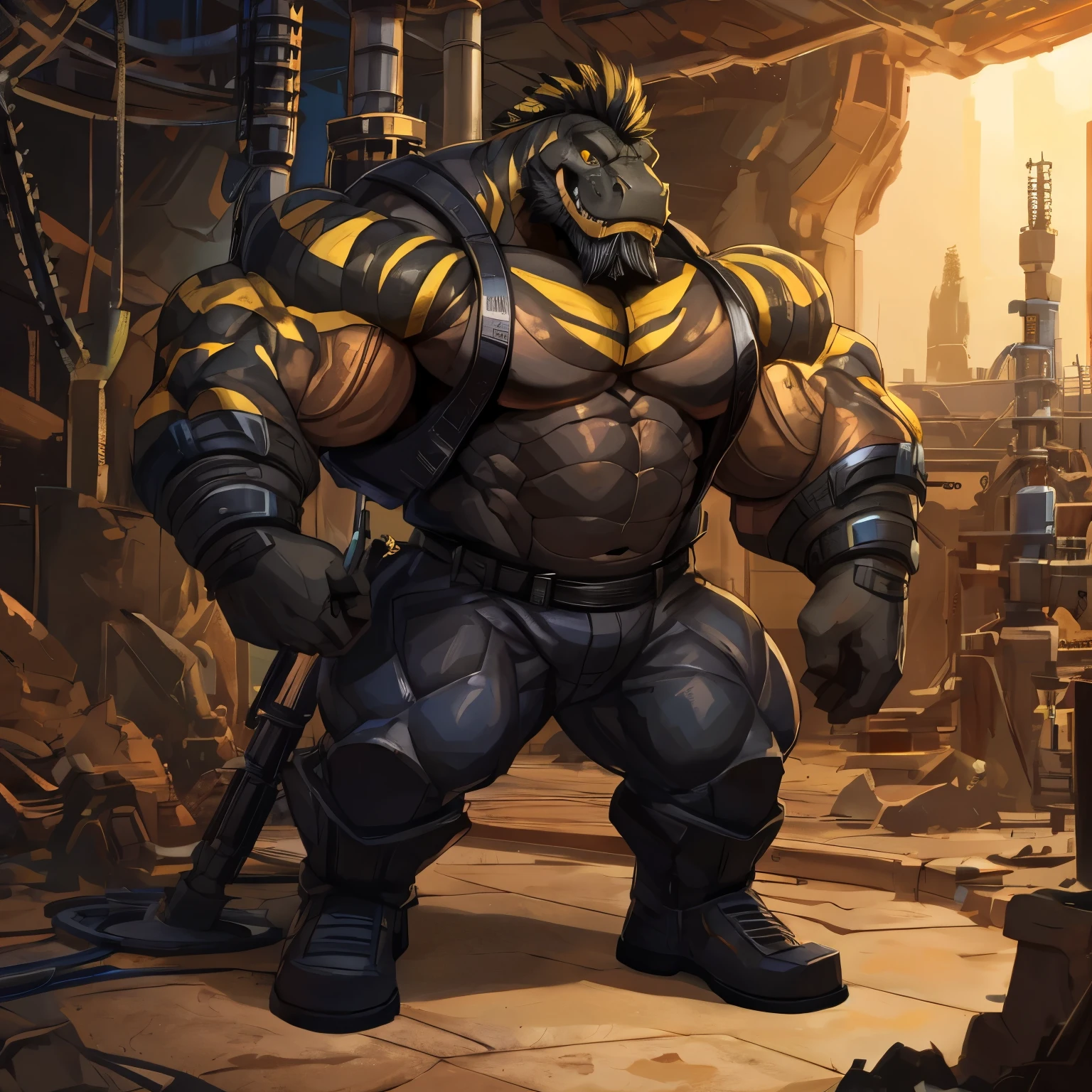 Anthropomorphic soldier dinosaur (well sculpted physique, well equilibrate physique, T-Rex head, 2 meters tall, dinosaur head, black yellow thick beard, black yellow thick mustache, black yellow bright glowing eyes, black yellow thick mohawk hairstyle, black skin, black skin, yellow stripes, muscular, very big chest muscles, broad-shouldered, wears a futuristic black military pants, wears futuristic military black boots, wears a black futuristic military vest, holds drilling machine with both his hand.) standing and holding a drilling machine with his hands. The drilling machine stands over the ground and dig the ground. He is a sewers cavern, the air is thick, red and dark. There is a foundry somewhere near the sewers.