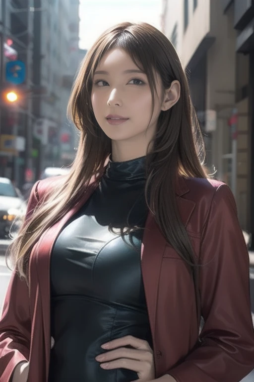 Portrait of a beautiful female model by Nathap., Georgia Fowler, Beautiful Face, Long Green Hair, Cyberpunk City Afternoon. She is wearing a red long coat., Jeans Negros, Dramatic lighting, (Police Badge:1.2)