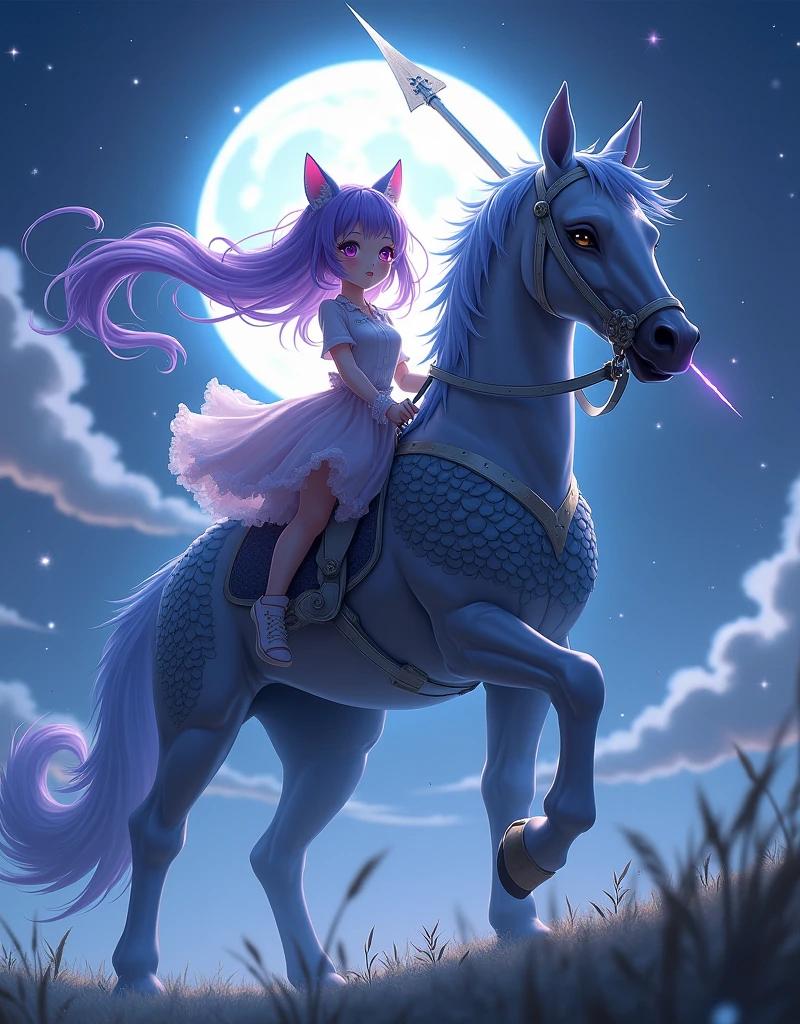 Dragon scale armoured horse that breathes long fire. A cute cat girl with a rider, purple long hair, A-line tulle skirt, angel spear, Night in the moonlight,photo-realistic, like-anime,