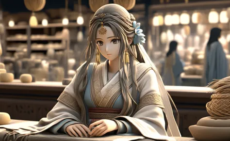 a poor womansat on a cloth store cash counter, beautifully dressed, in ancient times, 3d, realistic anime character, extremely d...