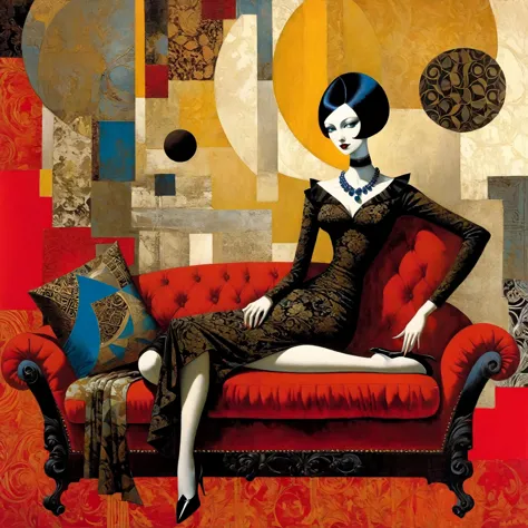 arafed woman in a dress sitting on a red couch, in the style of dave mckean (collage, mixed media, textures, surreal elements), ...