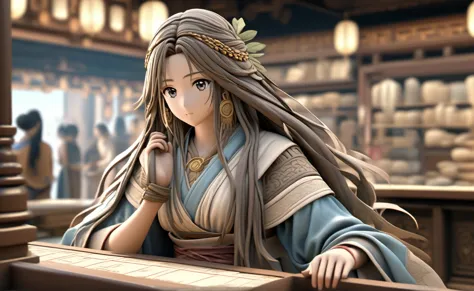 a poor womansat on a cloth store cash counter, beautifully dressed, in ancient times, 3d, realistic anime character, extremely d...