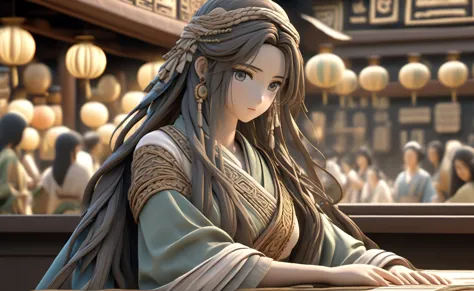 a poor womansat on a cloth store cash counter, beautifully dressed, in ancient times, 3d, realistic anime character, extremely d...