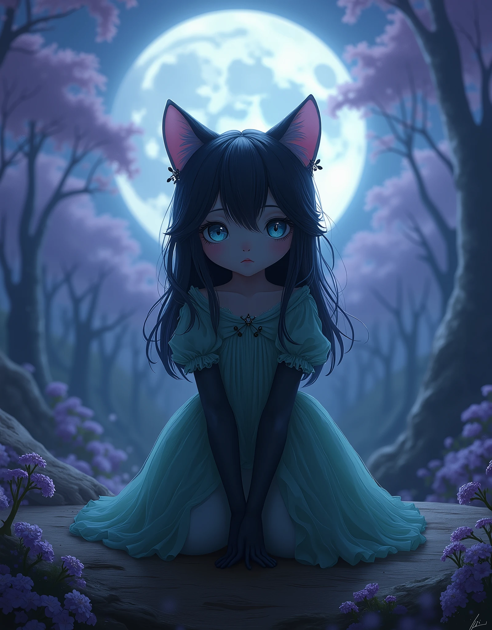 black cat girl, delicate facial features, shy expression, bright colors, fantasy, surreal, dreamlike, photorealistic, 8k, high quality, digital art, main color dark purple and light blue, tea skirt, front pics, moonlight in the clearing landscape, looking at the front, full body, sitting on the wood, Black hair, sky blue eyes, dress color green,