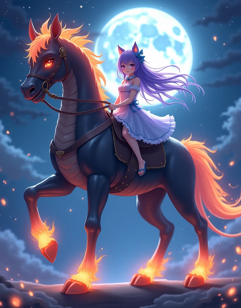 Dragon scale armoured horse with four legs that breathes big fire. High detailed cute cat girl with a rider, purple long hair with blue bow, A-line tulle skirt, night in the moonlight,photo-realistic, like-anime, 
