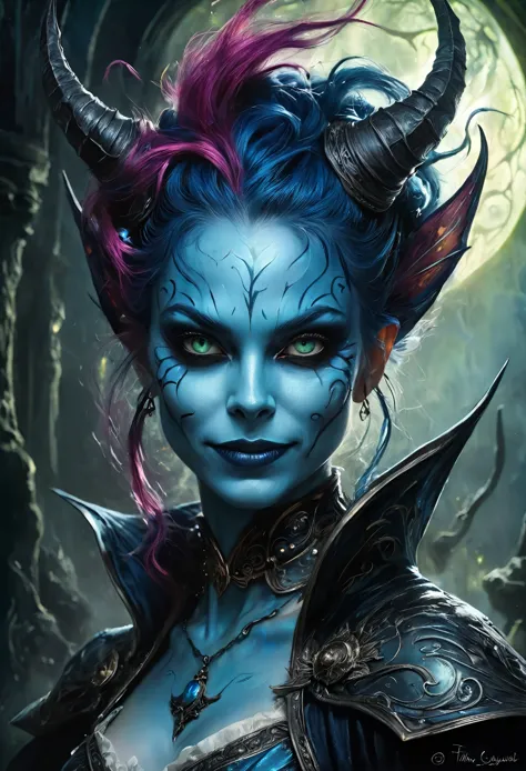 a surge of art, deep blue ink art, detailed painting, charming sweet woman, with blue hair, crazy evil smile, dark fantasy, surr...