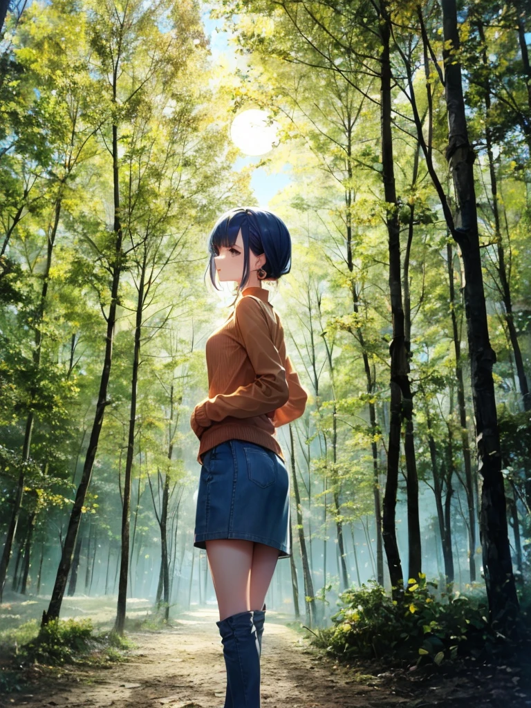 Young girl in casual clothes, Artistic style.Light blue lang hair、Adorned with red ribbons and small floral ornaments。. She is wearing a wide-sleeved mustard yellow sweater and a floral undershirt。, Pair it with high waisted blue jeans. Her earrings are colorful and flower-shaped.. She stands against a forest of vibrant autumn foliage, Create a warm and lively atmosphere. full moon, Highlighting the bright and whimsical context.