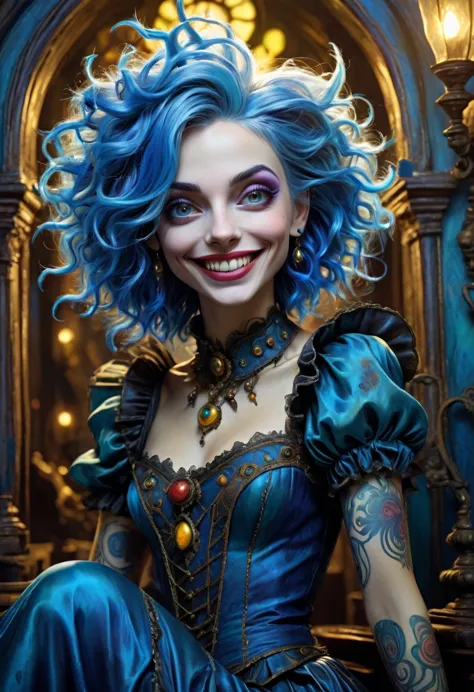 a surge of art, deep blue ink art, detailed painting, charming sweet woman, with blue hair, crazy evil smile, dark fantasy, surr...