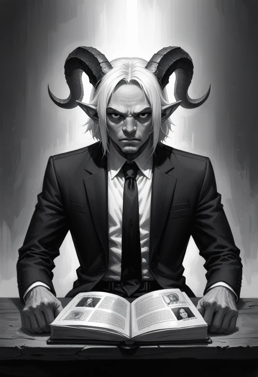 Create a black and white, cartoon style image of a tiefling, with ram horns and long white hair combed out like a book, carefree black eyes, dressed in a black suit and white shirt, with a tie, stands raising his hands with palms facing forward, simple, plain backg