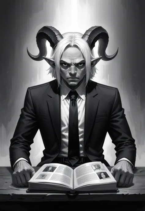 create a black and white, cartoon style image of a tiefling, with ram horns and long white hair combed out like a book, carefree...