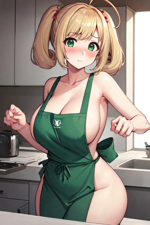 masterpiece, highest quality, Super detailed, figure, One girl, alone, View Viewer, shin Sato, Blonde Hair, Ahoge, Green Eyes, Short Twin Tails, indoor, 

masterpiece, best quality, ultra-detailed, illustration, 1girl, solo, looking at viewer, sato shin, blonde hair, ahoge, green eyes, short twintails, indoors, 
(((Naked with an apron)))、((Bust Focus))、((Big Breasts))、(Troubled face)、(Blushing)、(Sexual pose))), voluptuous, curvy, wide hips, lactating breasts, sexy and breedable,