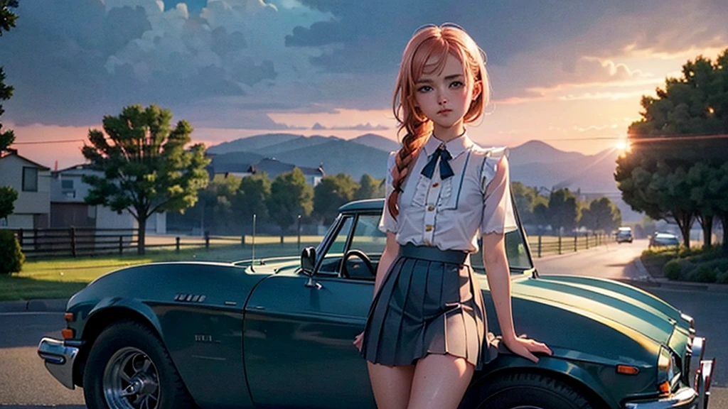 (((a girl next to a vintage car))), girl focus, areolas, ((see through white frilly shirt:1.3), full body, (dark_blue pleated skirt:1.2), (sweaty, see through)), (panty stretched:1.2), 2, (beautiful sunset sky), (village, sunset, orange teal colour grading background:1.5), ((small chest, slim, thin body)), (photography, realistic, bokeh, blur), ((pink hair, side braid)), (cenimatic lights, soft lights, detailed lighting:1.3)