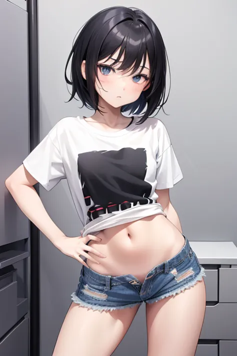 Anime Style , Young ，Very short stature，Flat Chest，Thin thighs，Short black hair, Proud face , Provocative expression , body , Oversized Printed T-Shirt, stomach , Very short denim miniskirt , Micro Shorts, Hips, sexy，Bruises and gestures，