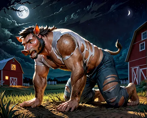 male boar mid transformation, solo, full body, torn pants, torn shirt, farm, painful expression, transformation, human face, sta...