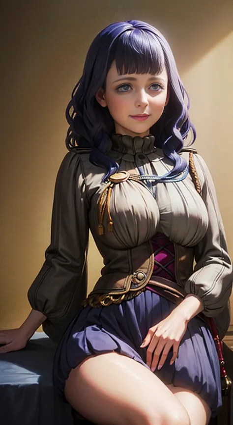 a beautiful detailed woman with short black hair, purple eyes, a big bust, wearing witch's clothes, sitting in a tavern and smil...