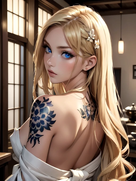 (masterpiece, highest quality, best quality, official art, beautiful and aesthetically pleasing:1.2),1 girl, tattoo, solo, Japanese clothes, hair decoration, nudity, golden hair, tattoo on the back, blue eyes, open shoulders, looking back, from behind, flower, looking at the viewer, holding, makeup, indoors.