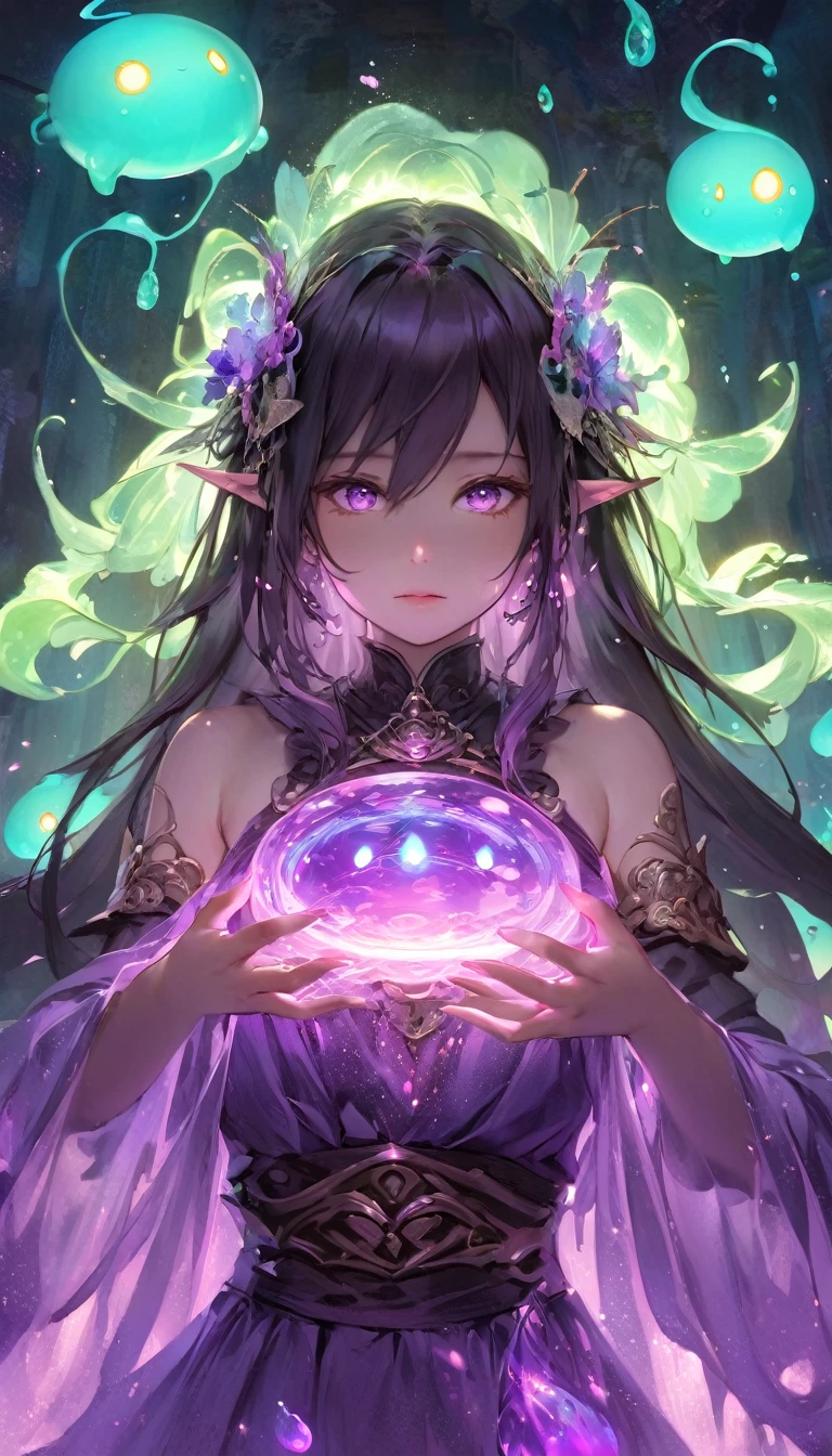 (masterpiece), (best quality:1.4), (perfect anatomy:1.4), high quality, expressive eyes, portrait, detailed face, beautiful face, perfect face, {1 girl}, In her slime form, Danua is a mesmerizing entity, her amorphous body pulsating with vibrant colors and otherworldly energy. She takes on a fluid, gelatinous appearance, constantly shifting and morphing with an almost hypnotic fluidity. Danua's slime form is translucent, allowing glimpses of the swirling colors and patterns that ripple beneath her surface. Shades of deep emerald, green mingle with iridescent blues and purples, creating an ethereal kaleidoscope of hues that dance and shimmer in the light. Her form lacks defined features, instead resembling a constantly shifting mass of gel-like substance. However, there is a sense of grace and purpose to her movements, as if she possesses a silent intelligence that guides her every shift and flow. Despite her lack of a solid form, Danua exudes an undeniable presence in her slime state. She radiates an aura of ancient power and mystique, her ever-changing form hinting at the depths of her enigmatic nature. Overall, Danua's slime form is a mesmerizing spectacle, a symphony of colors and shapes that captivates the eye and sparks the imagination.