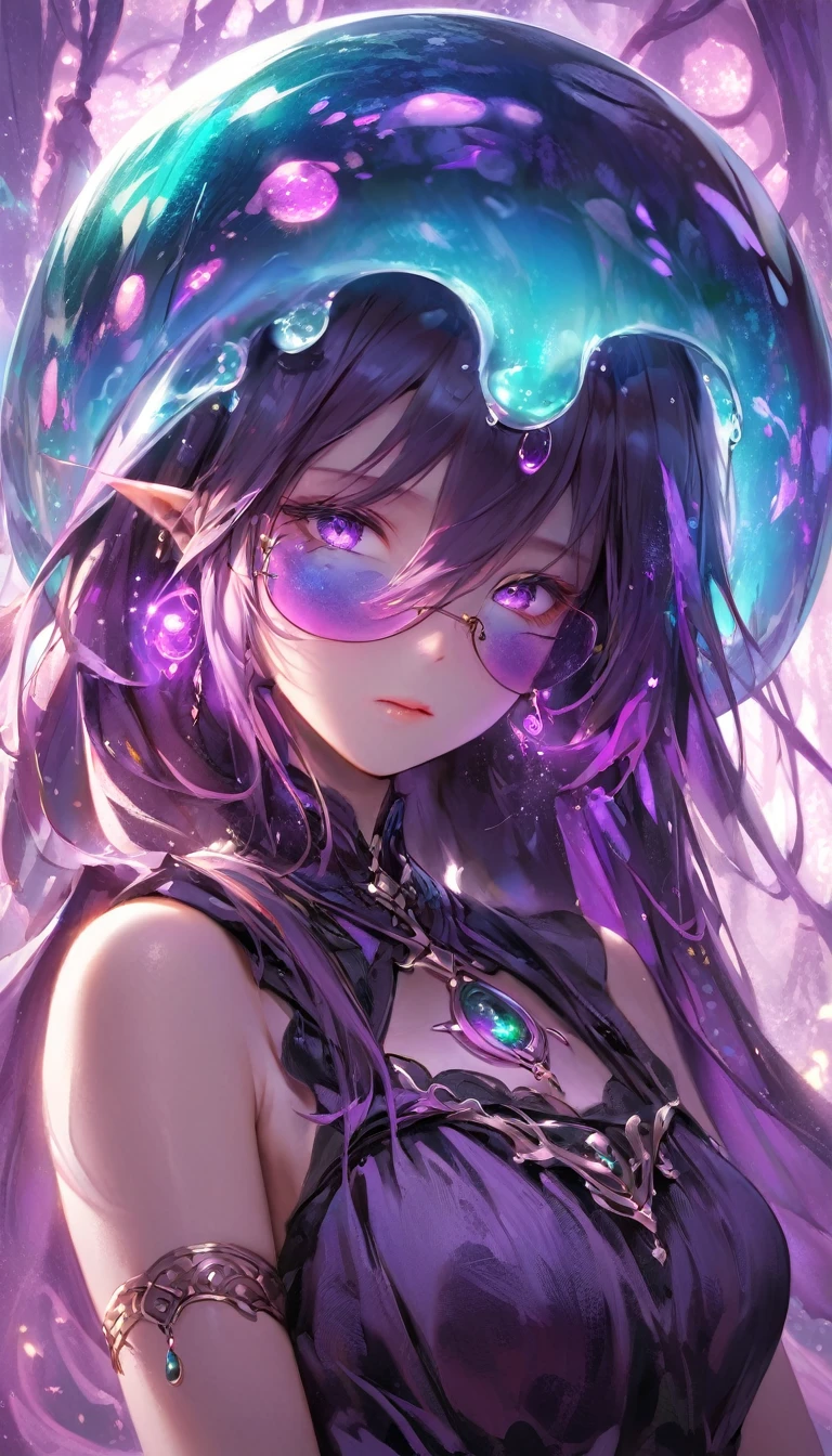 (masterpiece), (best quality:1.4), (perfect anatomy:1.4), high quality, expressive eyes, portrait, detailed face, beautiful face, perfect face, {1 girl}, In her slime form, Danua is a mesmerizing entity, her amorphous body pulsating with vibrant colors and otherworldly energy. She takes on a fluid, gelatinous appearance, constantly shifting and morphing with an almost hypnotic fluidity. Danua's slime form is translucent, allowing glimpses of the swirling colors and patterns that ripple beneath her surface. Shades of deep emerald, green mingle with iridescent blues and purples, creating an ethereal kaleidoscope of hues that dance and shimmer in the light. Her form lacks defined features, instead resembling a constantly shifting mass of gel-like substance. However, there is a sense of grace and purpose to her movements, as if she possesses a silent intelligence that guides her every shift and flow. Despite her lack of a solid form, Danua exudes an undeniable presence in her slime state. She radiates an aura of ancient power and mystique, her ever-changing form hinting at the depths of her enigmatic nature. Overall, Danua's slime form is a mesmerizing spectacle, a symphony of colors and shapes that captivates the eye and sparks the imagination.