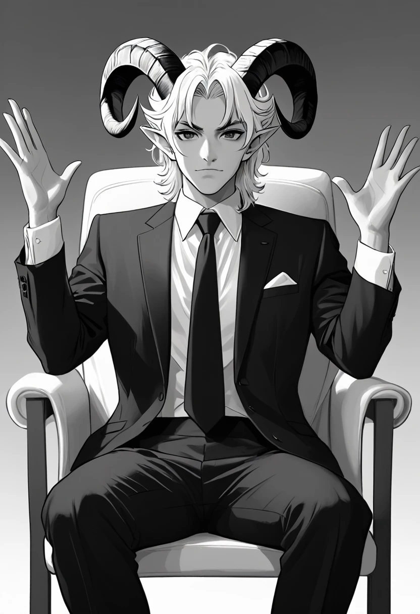 Create a black and white, cartoon style image of a tiefling, with ram horns and white hair combed to the sides, carefree black eyes, serious, wearing a black suit and white shirt, with a tie, sitting on a chair, raising his hands with palms facing forward, simple, plain background.