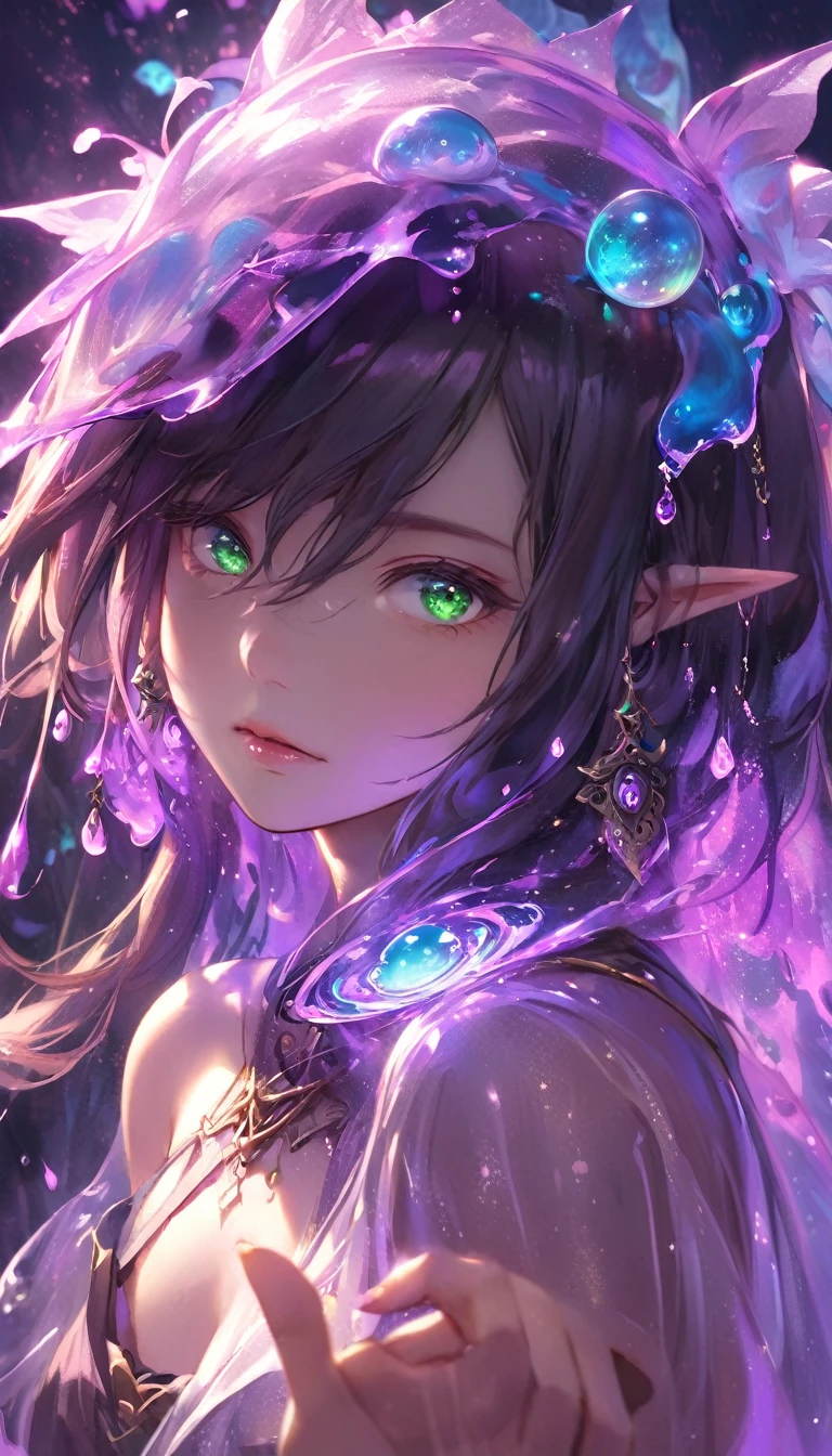 (masterpiece), (best quality:1.4), (perfect anatomy:1.4), high quality, expressive eyes, portrait, detailed face, beautiful face, perfect face, {1 girl}, In her slime form, Danua is a mesmerizing entity, her amorphous body pulsating with vibrant colors and otherworldly energy. She takes on a fluid, gelatinous appearance, constantly shifting and morphing with an almost hypnotic fluidity. Danua's slime form is translucent, allowing glimpses of the swirling colors and patterns that ripple beneath her surface. Shades of deep emerald, green mingle with iridescent blues and purples, creating an ethereal kaleidoscope of hues that dance and shimmer in the light. Her form lacks defined features, instead resembling a constantly shifting mass of gel-like substance. However, there is a sense of grace and purpose to her movements, as if she possesses a silent intelligence that guides her every shift and flow. Despite her lack of a solid form, Danua exudes an undeniable presence in her slime state. She radiates an aura of ancient power and mystique, her ever-changing form hinting at the depths of her enigmatic nature. Overall, Danua's slime form is a mesmerizing spectacle, a symphony of colors and shapes that captivates the eye and sparks the imagination.