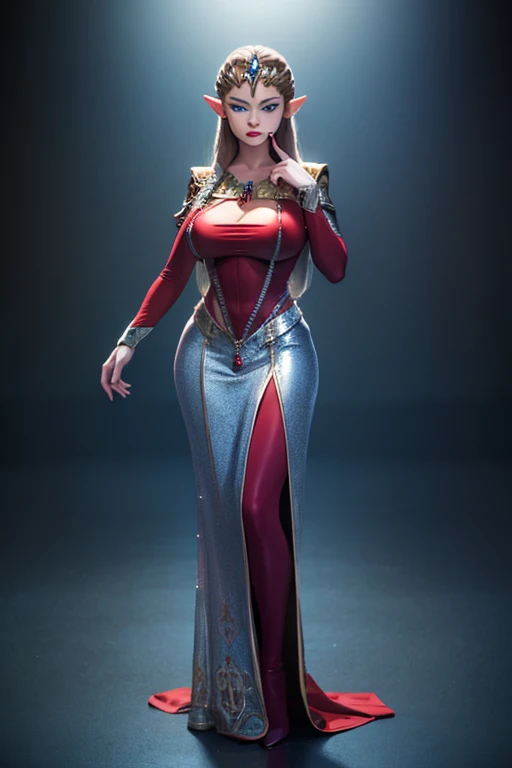 Full body image, standing, princess zelda, twpr, (red with silver costume:1.5), immensely large breasts1, very tight body suit, heavy makeup on her face, light blue jewel on the chest, crown on head, red lipstick on her mouth, (blue eyes:1.5), Looking at the viewer from the front, cinematic lighting, 2k, UHD, masterpiece, best quality, high details